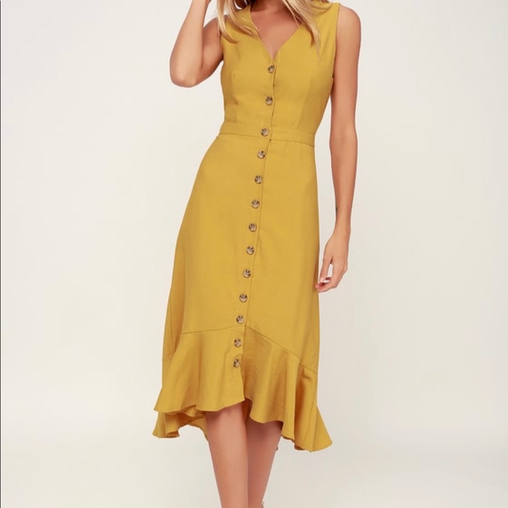 Lulu Mustard Yellow Button Front Midi Dress